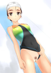 Rule 34 | 1girl, bad id, bad pixiv id, bar censor, black eyes, black hair, censored, clitoris, clothing aside, competition swimsuit, covered navel, cowboy shot, dutch angle, female pubic hair, flat chest, groin, highres, looking at viewer, one-piece swimsuit, pointless censoring, pubic hair, pussy, skin tight, solo, speedo (company), standing, swim cap, swimsuit, swimsuit aside, takafumi, tan, tanline