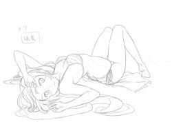 Rule 34 | 1girl, arched back, arms up, beek, bikini, breasts, character name, greyscale, hatsune miku, long hair, lying, monochrome, on back, side-tie bikini bottom, sketch, small breasts, solo, striped bikini, striped clothes, swimsuit, very long hair, vocaloid