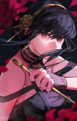 Rule 34 | 1girl, artist name, bare shoulders, black hair, dark background, flower, hair over eyes, highres, holding, holding knife, knife, long hair, looking at viewer, oretsuu, red eyes, rose, simple background, solo, spy x family, upper body, yor briar