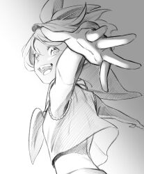 Rule 34 | 1girl, arched back, back, bare arms, bare shoulders, bon bon eee, bow, breasts, crop top, flat chest, foreshortening, greyscale, hair bow, highres, kagamine rin, looking at viewer, looking back, midriff, monochrome, narrow waist, neckerchief, open mouth, outstretched arms, sailor collar, shirt, short hair, sketch, sleeveless, sleeveless shirt, small breasts, smile, solo, swept bangs, turning head, upper body, vocaloid