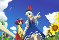 Rule 34 | 2girls, blue dress, blue hair, child, cloud, day, dress, eyebrows, female focus, floral print, flower, garden, hair flower, hair ornament, hakama, hakama skirt, holding hands, hat, hat ribbon, heida no akyuu, height difference, hieda no akyuu, japanese clothes, kamishirasawa keine, lace, lace-trimmed skirt, lace trim, long hair, long sleeves, multiple girls, open mouth, phi lin, pointing, puffy short sleeves, puffy sleeves, purple eyes, purple hair, red eyes, red hakama, red ribbon, ribbon, short hair, short sleeves, skirt, sky, sunflower, touhou, walking, white sleeves