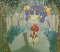 Rule 34 | 1girl, artist request, bare legs, blue hair, blush, blush stickers, breasts, bush, chibi, china dress, chinese clothes, dress, fan fan (saber j), forest, full body, gloves, green eyes, kneeling, nature, saber marionette j, short hair, simple background, smile, solo, tree, wide hips