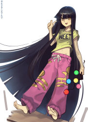 Rule 34 | 1girl, barefoot, blunt bangs, blunt ends, boa (brianoa), commentary, egasumi, english commentary, full body, hime cut, houraisan kaguya, index finger raised, leggings, long hair, midriff, navel, neet, pants, pink leggings, pink pants, pointing, print shirt, shirt, simple background, solo, touhou, very long hair, white background, yellow eyes, yellow shirt