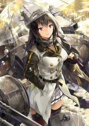 Rule 34 | 1girl, brown hair, coat, elbow gloves, gloves, highres, kantai collection, long hair, nagato (kancolle), neko (yanshoujie), open mouth, red eyes, smile, solo, standing, thighhighs, umbrella, water drop
