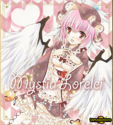 Rule 34 | 1girl, :d, artist name, bell, bird wings, blush, character name, dress, frilled dress, frills, heart, looking at viewer, mystia lorelei, open mouth, pink hair, red eyes, short hair, smile, solo, tamagoboro, touhou, traditional media, winged hat, wings