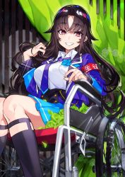 Rule 34 | 1girl, apocalypse witch, armband, black socks, blue flower, blue jacket, blue rose, blue skirt, breast pocket, breasts, brown hair, collared shirt, feet out of frame, flower, hair flaps, highres, jacket, large breasts, long hair, long sleeves, looking at viewer, mika pikazo, necktie, open clothes, open jacket, parted bangs, pocket, purple necktie, red eyes, rose, shirt, sitting, skirt, smile, socks, solo, textless version, wheelchair, white shirt, wing collar