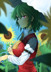 Rule 34 | 1girl, armband, ascot, blue sky, breasts, dated, day, earrings, flower, green hair, gyosai, highres, holding, holding umbrella, jewelry, kazami yuuka, large breasts, light smile, long sleeves, looking at viewer, nail polish, outdoors, pink nails, plaid, plaid vest, red eyes, shirt, short hair, sideways glance, signature, sky, solo, standing, sunflower, touhou, umbrella, upper body, vest, white shirt, wing collar, yellow ascot