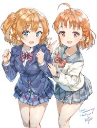 Rule 34 | 10s, 2girls, :d, ahoge, blazer, blue eyes, blue jacket, blue sailor collar, blue skirt, bow, bowtie, braid, breasts, brown hair, buttons, collarbone, collared shirt, hair bow, highres, in-franchise crossover, jacket, kosaka honoka, long sleeves, looking at viewer, love live!, love live! school idol project, medium breasts, miniskirt, multiple girls, one side up, open mouth, orange hair, otonokizaka school uniform, plaid, plaid skirt, pleated skirt, red eyes, red neckwear, sailor collar, school uniform, shirt, short hair, signature, simple background, skirt, smile, standing, striped bow, striped bowtie, striped clothes, striped neckwear, takami chika, takenoko no you, uranohoshi school uniform, white background, white shirt, wing collar, yellow bow