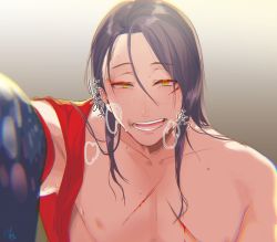 Rule 34 | 10s, 1boy, against fourth wall, black hair, blood, blood on face, gradient background, grey background, hair down, hannyag, heavy breathing, injury, jirou tachi, long hair, male focus, nipples, pectorals, pov, scar, signature, simple background, smile, solo, sweat, touken ranbu, upper body, yellow eyes