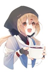 Rule 34 | 1girl, bandana, black bow, black gloves, blue shawl, bow, brown eyes, brown hair, cropped torso, cup, fingerless gloves, gloves, hair bow, highres, hot chocolate, jacket, kantai collection, long hair, low twintails, megu usagi, mug, open mouth, scarf, shawl, simple background, smile, solo, tashkent (kancolle), twintails, upper body, white background, white jacket, white scarf