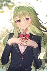 Rule 34 | 1girl, absurdres, azit (down), backlighting, black jacket, blazer, blurry, blurry background, blush, bow, closed mouth, collared shirt, commentary request, depth of field, dress shirt, green hair, hair between eyes, hands up, highres, jacket, kamiyama high school uniform (project sekai), kusanagi nene, light frown, long hair, own hands together, project sekai, purple eyes, red bow, school uniform, shirt, solo, upper body, very long hair, white shirt