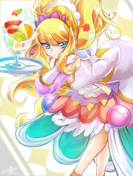 Rule 34 | 1girl, artist name, blonde hair, blue eyes, clear glass (mildmild1311), commentary request, cure finale, delicious party precure, dress, eyelashes, hair ornament, happy, highres, kasai amane, long hair, looking at viewer, magical girl, parfait, precure, signature, smile, solo, standing, twitter username