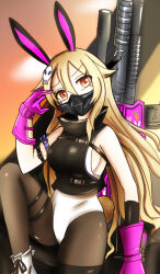 Rule 34 | 1girl, armlet, armpits, assault rifle, black jacket, blurry, blurry background, boots, breasts, brown dust 2, brown thighhighs, cropped jacket, feet out of frame, gloves, gun, gun on back, hair between eyes, hair ornament, hand in own hair, hane0405, highres, jacket, knee up, leotard, liatris (brown dust), looking at viewer, orange eyes, pink gloves, respirator, rifle, sideboob, sitting, skull hair ornament, solo, thighhighs, weapon, weapon on back, white footwear, white leotard