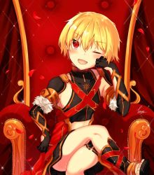 Rule 34 | 1boy, ;d, alexander (fate), alexander (fate) (cosplay), arm rest, armlet, armpit crease, bad id, bad pixiv id, black footwear, black gloves, black shirt, blonde hair, blush, boots, cape, child gilgamesh (fate), commentary, cosplay, covered collarbone, crop top, crossed legs, curtains, elbow gloves, falling petals, fang, fate/grand order, fate (series), fur-trimmed gloves, fur trim, gilgamesh (fate), gloves, gold trim, hair between eyes, head rest, looking at viewer, male focus, one eye closed, open mouth, petals, red cape, red eyes, rose petals, shirt, signature, sitting, sleeveless, sleeveless shirt, smile, solo, sparkle, throne, tiasye, toeless footwear, toes, tsurime, waist cape