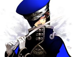 Rule 34 | black hair, blue eyes, blue headwear, dated, earrings, fumiko (throughx2), gloves, hair over one eye, hat, holding, holding knife, holding weapon, jewelry, knife, lipstick, makeup, military, military uniform, open mouth, original, red lips, signature, teeth, uniform, weapon, white gloves