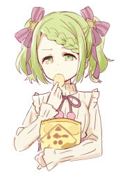 Rule 34 | 1girl, bag of chips, bow, braid, braided bangs, breasts, brown sweater, chips (food), cropped torso, food, green eyes, green hair, hair bow, hair ornament, half-closed eyes, holding, holding food, long sleeves, looking at viewer, meito (maze), morinaka kazaki, neck ribbon, nijisanji, pom pom (clothes), potato chips, purple bow, purple ribbon, ribbed sweater, ribbon, simple background, sleeves past wrists, small breasts, solo, star (symbol), star hair ornament, striped, striped bow, sweater, swept bangs, turtleneck, turtleneck sweater, twintails, upper body, virtual youtuber, white background