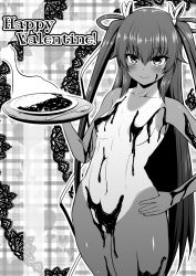 1girl blush breasts curry curvy dark-skinned_female dark_skin female_focus food food_on_body hair_ribbon hand_on_own_hip happy_valentine highres long_hair looking_at_viewer lovelovemaid mizuki_yukikaze monochrome nipples nude one-piece_tan partially_visible_vulva ribbon shiny_skin simple_background small_breasts smile solo standing taimanin_(series) taimanin_rpgx taimanin_yukikaze tan tanline twintails upper_body valentine very_long_hair