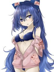 Rule 34 | 1girl, bare shoulders, bikini, blue bikini, blue bow, blue eyes, blue hair, blush, bow, breasts, collarbone, commentary, cowboy shot, debt, grey jacket, hair between eyes, hair bow, head tilt, highres, jacket, long hair, looking at viewer, medium breasts, off shoulder, parted lips, short sleeves, simple background, solo, standing, swimsuit, touhou, tyouseki, very long hair, white background, yorigami shion
