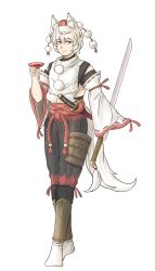 Rule 34 | 1boy, alcohol, animal ears, arm at side, bare shoulders, cup, detached sleeves, full body, genderswap, genderswap (ftm), hand up, hat, highres, holding, holding cup, holding sword, holding weapon, inubashiri momiji, light smile, long sleeves, looking at viewer, male focus, pants, pom pom (clothes), red eyes, ribbon-trimmed sleeves, ribbon trim, sakazuki, sake, selby, sheath, sheathed, short hair, simple background, slit pupils, sword, tail, tokin hat, touhou, walking, weapon, white background, white hair, wide sleeves, wolf ears, wolf tail