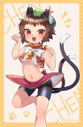 Rule 34 | 1girl, animal ear piercing, animal ears, bell, bike shorts, breasts, brown hair, cat ears, cat girl, cat tail, chen, fangs, gold trim, hat, highres, ibaraki natou, mob cap, multiple tails, navel, nekomata, open mouth, paw pose, paw print, petite, red eyes, short hair, small breasts, solo, tail, touhou, two tails
