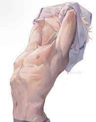 Rule 34 | 1boy, armpits, artist name, collarbone, commentary, facial mark, highres, inuyasha, male focus, mmmilk, nipples, parted lips, pectorals, simple background, solo, sweat, topless male, undressing, upper body, wet, whisker markings, white background