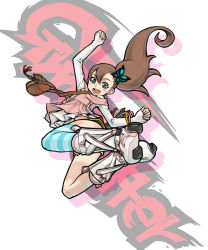 Rule 34 | 1girl, arm up, bag, boots, brown hair, butterfly hair ornament, chousoku henkei gyrozetter, copyright name, green eyes, hair ornament, highres, inaba rinne, jumping, kaieda hiroshi, legs folded, long hair, looking at viewer, open mouth, outstretched arms, roller shoes, roller skates, shoes, shoulder bag, side ponytail, single thighhigh, skates, smile, solo, spread arms, striped clothes, striped thighhighs, thighhighs