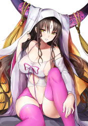 Rule 34 | 10s, 1girl, bare shoulders, breasts, cleavage, clothing cutout, collarbone, detached sleeves, facial mark, fate/extra, fate/extra ccc, fate (series), forehead mark, large breasts, lips, long hair, looking at viewer, luse maonang, navel, navel cutout, parted lips, sessyoin kiara, sideboob, sitting, skindentation, smile, solo, thighs, very long hair, wavy hair, wide sleeves, yellow eyes