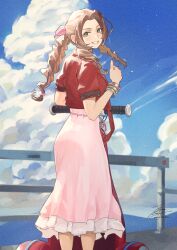 Rule 34 | 1girl, aerith gainsborough, beach, blue sky, bow, bracelet, braid, braided ponytail, brown hair, cloud, cropped jacket, dress, fadingz, final fantasy, final fantasy vii, final fantasy vii rebirth, final fantasy vii remake, green eyes, hair bow, highres, jacket, jewelry, looking at viewer, looking back, pink bow, pink dress, railing, red jacket, segway, sky, smile, solo