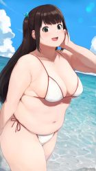 Rule 34 | 1girl, :d, accio, beach, belly, bikini, black eyes, blue sky, breasts, brown hair, cleavage, cloud, commentary request, day, fat, hair ribbon, happy, highres, large breasts, long hair, looking at viewer, medium breasts, navel, open mouth, original, plump, ribbon, sky, smile, solo, standing, sweat, swimsuit, tanuma miyuki, thick arms, thick thighs, thighs, twintails, water, white bikini