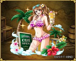 Rule 34 | 1girl, beach, bikini, blush, breasts, brown hair, charlotte pudding, curvy, large breasts, long hair, looking at viewer, one piece, one piece: treasure cruise, open mouth, shiny skin, smile, sweat, swimsuit, thighhighs, thighs, thong bikini, tsundere, twintails