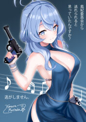 Rule 34 | 1girl, absurdres, ako (blue archive), ako (dress) (blue archive), backless dress, backless outfit, bare shoulders, blue archive, blue dress, blue eyes, blue hair, breasts, cleavage, closed mouth, commentary request, covered erect nipples, cuffs, dress, gun, handgun, highres, himura moritaka, large breasts, light smile, long hair, musical note, nail polish, plunging neckline, shackles, sideboob, simple background, solo, weapon