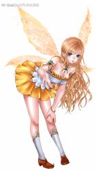Rule 34 | 1girl, akari1205, aqua eyes, blonde hair, bracelet, breasts, character request, cleavage, copyright name, fairy wings, full body, jewelry, large breasts, long hair, lots of jewelry, official art, parted lips, pleated skirt, pointy ears, pointy footwear, shoes, simple background, skirt, smile, socks, solo, swept bangs, unison quest, very long hair, white background, white socks, wings, yellow skirt