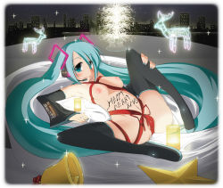 Rule 34 | 1girl, bell, black thighhighs, blush, boots, breasts, christmas, christmas lights, detached sleeves, elbow gloves, gloves, green eyes, green hair, hatsune miku, leg lift, long hair, lying, matching hair/eyes, naked ribbon, nipples, nude, oborozuki, ribbon, rougetsu (eclipse), small breasts, solo, sparkle, spread legs, star (symbol), thigh boots, thighhighs, twintails, vocaloid, vocaloid2