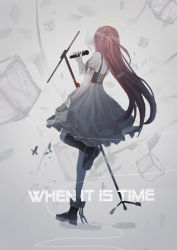Rule 34 | 1girl, absurdres, aerolite, alternate costume, black footwear, blue eyes, boots, broken mirror, corset, cube, dress, from behind, girls&#039; frontline, glass, gloves, hair ornament, half updo, halo, highres, holding, holding microphone, knee boots, leg up, long hair, microphone, microphone stand, mirror, multicolored hair, music, one side up, pink hair, short sleeves, side ponytail, singing, solo, st ar-15 (girls&#039; frontline), standing, standing on one leg, streaked hair, string tie, thighhighs, white dress, white gloves