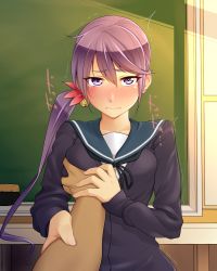 Rule 34 | 10s, 1girl, aged up, akebono (kancolle), arm grab, bell, black ribbon, blush, board eraser, grabbing another&#039;s breast, breasts, cardigan, chalkboard, classroom, closed mouth, dark-skinned male, dark skin, earrings, eyebrows, eyelashes, flower, grabbing, guided breast grab, guiding hand, hair bell, hair between eyes, hair flower, hair ornament, hand grab, hand on another&#039;s arm, hand on breast, heart, heart earrings, highres, indoors, jewelry, jingle bell, kantai collection, long hair, long sleeves, looking at viewer, minobu jentoru, motion lines, nose blush, pov, pov hands, purple eyes, purple hair, ribbon, school, school uniform, serafuku, shade, side ponytail, solo focus, tears, trembling, upper body