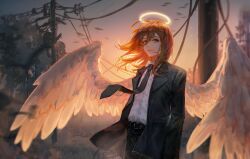Rule 34 | 1boy, angel, angel devil (chainsaw man), angel wings, artist name, black jacket, black necktie, black pants, brown hair, chainsaw man, collared shirt, evening, feathered wings, floating neckwear, formal, hair between eyes, halo, highres, jacket, long hair, looking at viewer, necktie, pants, power lines, shirt, shirt tucked in, solo, suit, suit jacket, utility pole, white shirt, white wings, wings, zieru