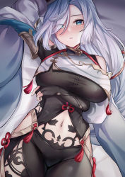 Rule 34 | 1girl, arm under breasts, arm up, black bodysuit, blue eyes, blush, bodysuit, braid, breast curtain, breasts, bridal gauntlets, eric (tianqijiang), eyes visible through hair, flower knot, genshin impact, hair over one eye, highres, hip vent, large breasts, long hair, looking at viewer, low-braided long hair, low-tied long hair, lying, navel, on back, parted lips, revision, shenhe (genshin impact), solo, stomach, tassel, very long hair, white hair