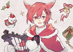 Rule 34 | 1boy, animal ears, bell, blush, cat boy, cat ears, christmas, final fantasy, final fantasy xiv, g&#039;raha tia, hair ornament, harp, highres, instrument, looking at viewer, lyre, mittens, open mouth, red eyes, red hair, shanzi, short hair, smile, snowman, solo, white mittens