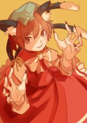 Rule 34 | 1girl, animal ears, bow, brown hair, cat ears, cat tail, chen, claw pose, dress, fingernails, hat, highres, jewelry, kamabokopic, long fingernails, long sleeves, looking at viewer, mob cap, multiple tails, nail polish, nekomata, red nails, sharp fingernails, short hair, smile, solo, tail, touhou