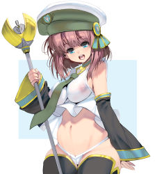 Rule 34 | 1girl, blue eyes, blunt bangs, breasts, brown hair, detached sleeves, hat, highres, holding, impossible clothes, kouno (masao), looking at viewer, medium breasts, navel, necktie, nipples, open mouth, original, panties, photoshop (medium), revision, see-through, short hair, solo, staff, thighhighs, two-tone background, underwear, white panties