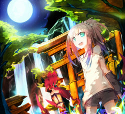 Rule 34 | 1girl, :d, aqua eyes, bad id, bad pixiv id, bare shoulders, fang, full moon, gradient hair, ichiyan, looking at viewer, moon, multicolored hair, night, open mouth, original, ponytail, shorts, smile, solo, torii, water, waterfall