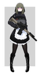 Rule 34 | 1girl, absurdres, apron, assault rifle, bad id, bad pixiv id, black pantyhose, boots, geissele urg-i, girls&#039; frontline, glasses, gloves, green hair, gun, highres, m4 carbine, magazine (weapon), maid, maid apron, maid headdress, null-3, original, pantyhose, revision, rifle, scope, short hair, skirt, solo, suppressor, tactical clothes, tactical maid, trigger discipline, unconventional maid, vertical forward grip, vest, weapon