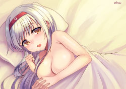 Rule 34 | 1girl, breasts, convenient arm, holding hands, headband, kantai collection, large breasts, long hair, lying, nude, on side, pillow, red headband, shoukaku (kancolle), silica (silica silylate), solo focus, under covers, white hair, yellow eyes