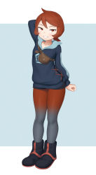 Rule 34 | 1girl, absurdres, arezu (pokemon), arm up, black footwear, black pantyhose, blue background, boots, collarbone, creatures (company), full body, game freak, gradient clothes, grin, highres, jacket, long sleeves, looking at viewer, matching hair/eyes, nintendo, pantyhose, pantyhose under shorts, pokemon, pokemon legends: arceus, pouch, red eyes, red hair, red pantyhose, sc naru, short hair, shorts, simple background, smile, solo, standing, white background