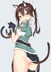 Rule 34 | 10s, 1girl, animal, animal ears, ass, black thighhighs, blush, brown eyes, brown hair, cat, cat ears, cat tail, cowboy shot, dated, from behind, gluteal fold, grey background, hair between eyes, hair ribbon, highres, holding, holding animal, holding cat, kantai collection, kemonomimi mode, long hair, looking at viewer, looking back, nebusoku, no panties, no pants, puffy short sleeves, puffy sleeves, ribbon, short sleeves, signature, simple background, single thighhigh, solo, tail, thighhighs, tone (kancolle), twintails, twitter username, white ribbon