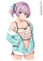 Rule 34 | 1girl, alternate costume, aqua eyes, aqua hoodie, batsubyou, blush, breasts, camisole, cat, cowboy shot, ebifurya, hair ornament, highres, hood, hoodie, kantai collection, light blush, navel, open mouth, pink hair, ponytail, shiranui (kancolle), short hair, short shorts, shorts, simple background, sleeveless, small breasts, solo, stomach, twitter username, white background