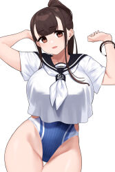 Rule 34 | 1girl, arms up, blue one-piece swimsuit, blue sailor collar, bracelet, breasts, brown hair, cleavage, eyebrows hidden by hair, highres, huge breasts, jewelry, long hair, looking at viewer, omizu (h2o), one-piece swimsuit, original, sailor collar, school uniform, serafuku, sidelocks, smile, solo, swimsuit, swimsuit under clothes, white background, wide hips