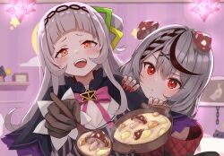 Rule 34 | 2girls, black coat, black gloves, black hair, blush, braid, breasts, cleavage cutout, clothing cutout, coat, cropped shirt, food, gloves, grey hair, hair bun, hair ornament, holding, holding spoon, hololive, long hair, looking at viewer, multicolored hair, multiple girls, murasaki shion, murasaki shion (1st costume), mushroom on head, nail polish, open mouth, red coat, red eyes, red nails, sakamata chloe, sakamata chloe (1st costume), shirt, single braid, single hair bun, small breasts, smile, soup, spoon, streaked hair, striped clothes, striped shirt, teeth, tonton utaro, two-sided coat, two-sided fabric, upper teeth only, vertical-striped clothes, vertical-striped shirt, virtual youtuber, x hair ornament, yellow eyes