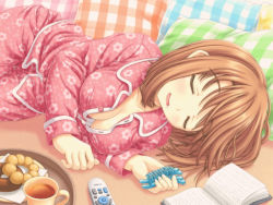 Rule 34 | 1girl, aoi akua, blush, book, breasts, brown hair, cleavage, closed eyes, covered erect nipples, doughnut, drooling, food, komaki manaka, lying, on side, open mouth, pajamas, saliva, short hair, sleeping, solo, tea, to heart (series), to heart 2