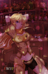 Rule 34 | 1girl, alcohol, arms behind head, bad id, bad pixiv id, blonde hair, bottle, breasts, cleavage, copyright name, highres, large breasts, long hair, midriff, navel, one eye closed, purple eyes, rwby, scarf, shorts, smile, solo, vest, white crow, wink, yang xiao long